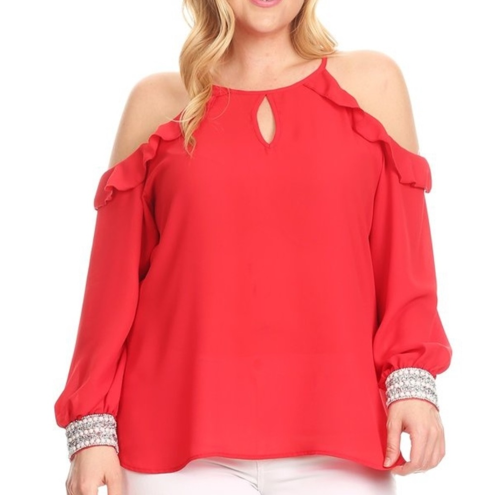 #28 - NEW PLUS SIZE 1X-3X COLD SHOULDER TOP W RHINESTONE